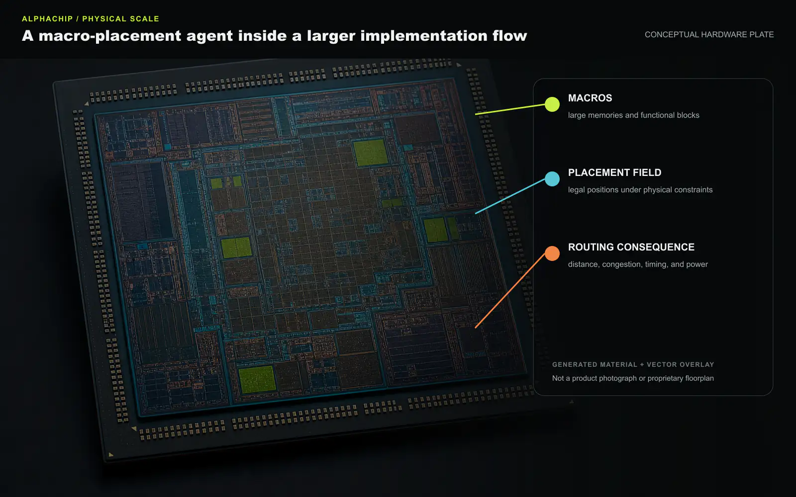A conceptual hardware plate showing the physical scale of macro placement. Large memories and functional blocks occupy legal positions inside a placement field, and their geometry changes routing distance, congestion, timing and power. The generated material layer is not a Google product photograph or proprietary floorplan; exact callouts were added deterministically. Original figure created for this article.