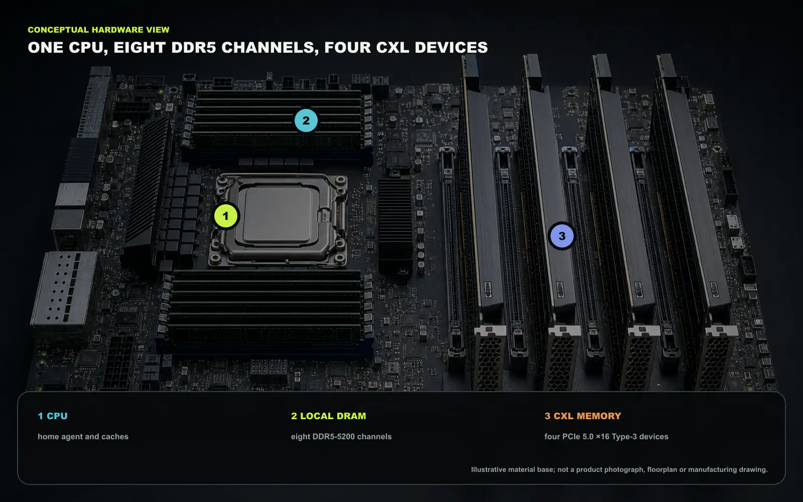 Conceptual physical view of the evaluated memory hierarchy: one CPU, eight local DDR5 channels and four directly attached CXL Type-3 devices. The material rendering illustrates the device scale and is not a product photograph or manufacturing drawing. Counts and interface labels are deterministic overlays. Original figure created for this article.
