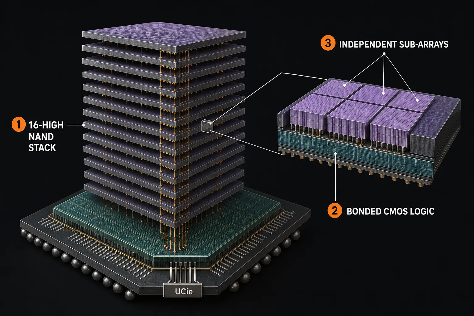 Conceptual construction of an HBF package. Sixteen thinned NAND dies rise above a base die, while the enlarged cutaway shows independent NAND sub-arrays bonded to a CMOS logic layer. The UCIe attachment is shown at the package edge. Layer count and functional order follow the specification, but dimensions and physical placement are illustrative. Original figure created for this article.