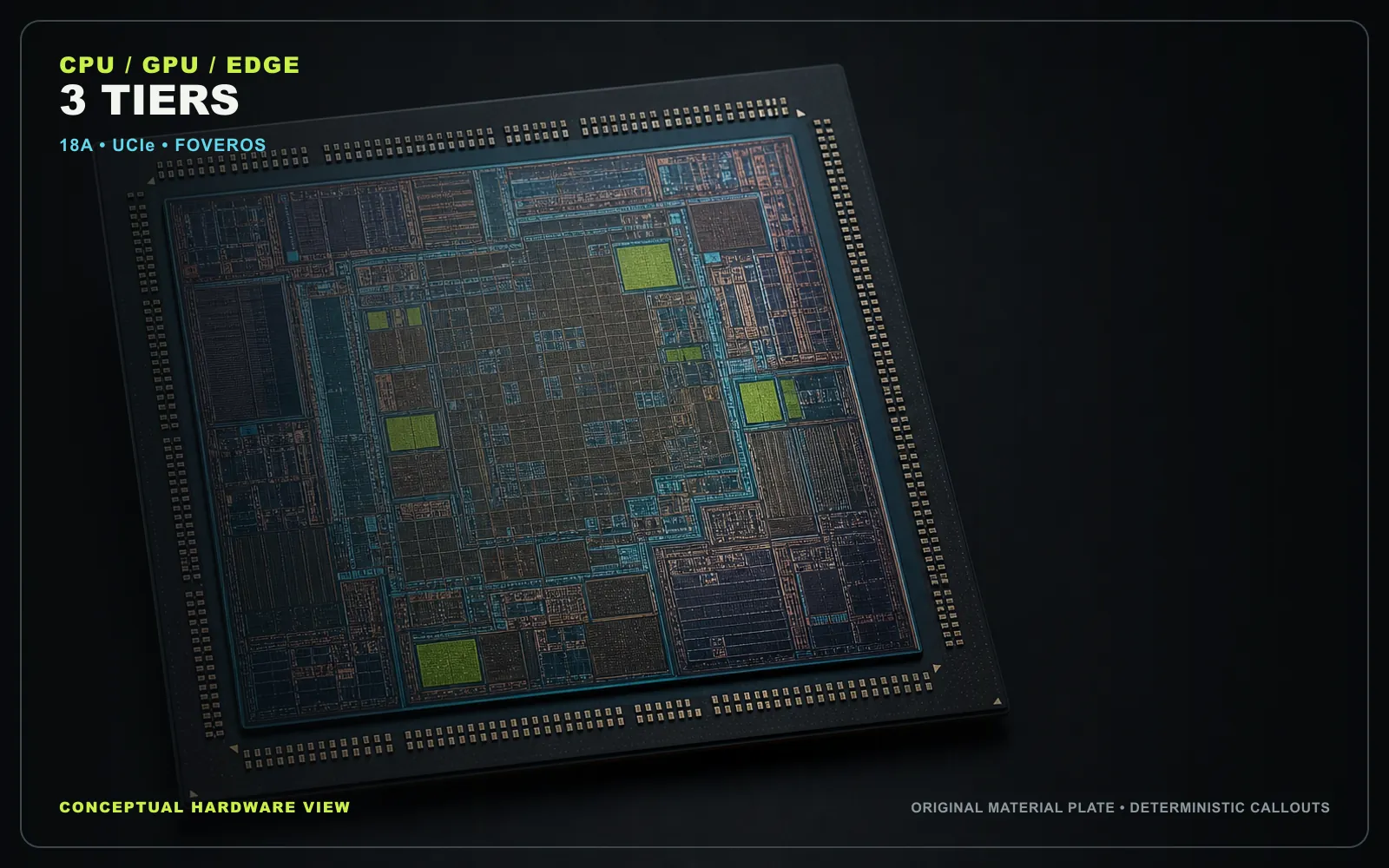 A Intel system-scale conceptual hardware view showing the physical service boundary discussed in the article. This is an original material rendering with deterministic editorial callouts, not a product photograph, floorplan or manufacturing drawing. Original figure created for this article.
