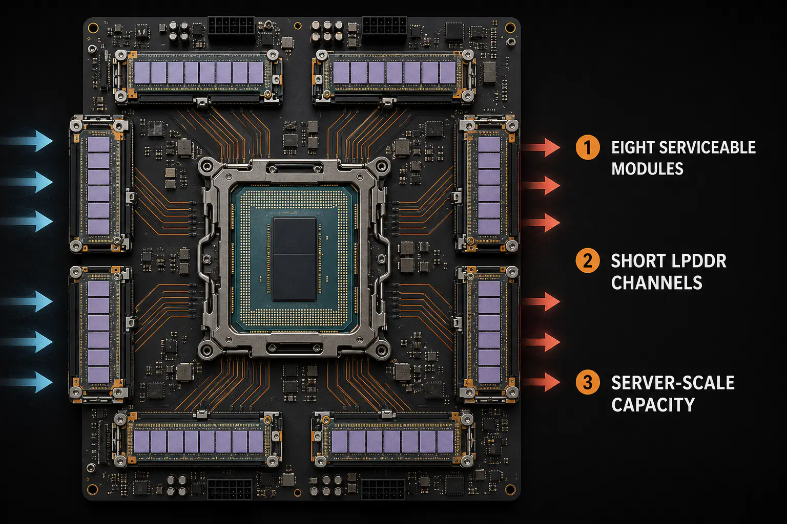 Conceptual server-board arrangement for SOCAMM. Eight removable LPDDR modules surround a CPU package so the channels remain short while memory becomes a serviceable unit rather than soldered board inventory. The count and architectural relationship follow the published Vera design; board outline, airflow and trace placement are illustrative. Original figure created for this article.