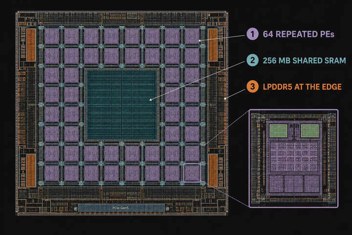 Conceptual MTIA 2i floorplan. Sixty-four repeated processing elements form a regular field around shared SRAM and the on-die mesh, while LPDDR5 controllers sit at the perimeter instead of HBM stacks beside the die. The inset enlarges one repeated PE organization. This is an explanatory visualization, not Meta’s physical-design database or a die photograph. Original figure created for this article.