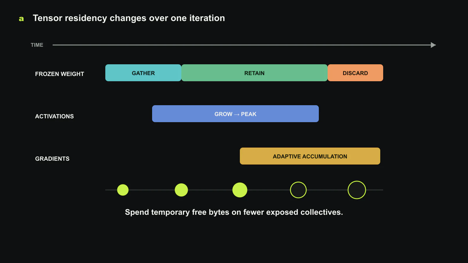 An elastic tensor over one fine-tuning iteration. Frozen weights are gathered before execution, retained while spare memory exists, and discarded before an activation or gradient peak. Runtime tensors can accumulate across more microbatches when memory permits. The scheduler trades temporary residency for fewer PCIe or NVLink collectives. Original figure created for this article.