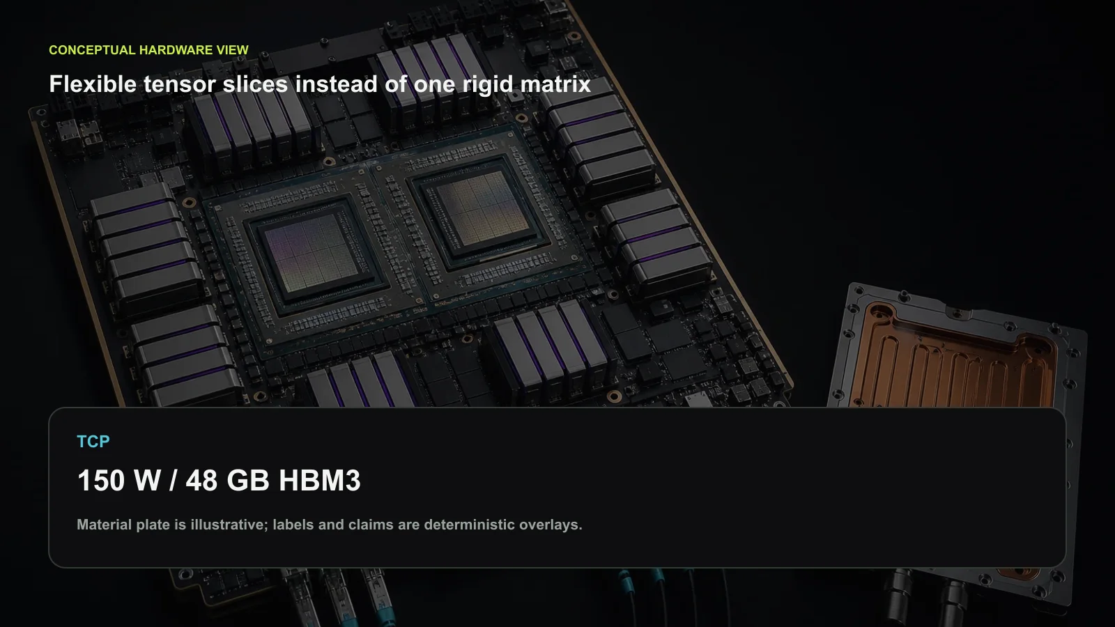 Conceptual hardware view of TCP’s configurable tensor engine. Coarse processing elements can operate together or split into smaller slices, while a circuit-switched fetch path supports operand reuse. The reported chip pairs 256 MB of SRAM with 48 GB of HBM3 under a 150 W TDP. This is not a product photograph or manufacturing drawing. Original figure created for this article.