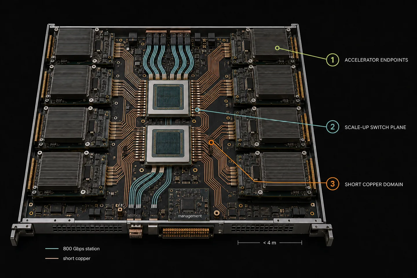 A physical reading of a short-reach UALink domain. Eight generic accelerator endpoints surround a central scale-up switch plane, while the highlighted board traces show why the sub-4 m copper target belongs inside a tray or a few adjacent racks. The arrangement is conceptual rather than a disclosed product layout, and it does not claim a specific switch count or endpoint packaging. Original figure created for this article.